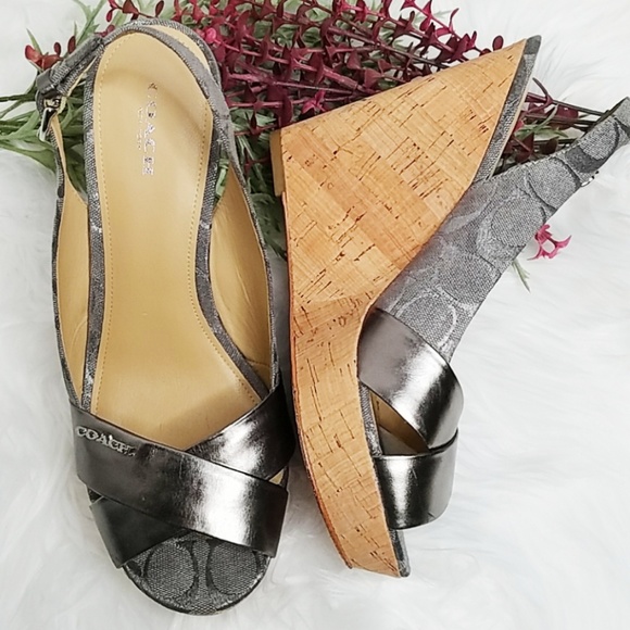 Coach Shoes - Coach Silver Jessy Cork Wedge Platform Sandals 9.5